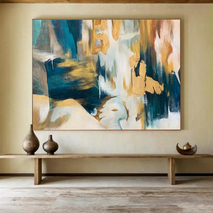 Paintings For House Teal, Gold, and Beige Textured Abstract Art HPS380