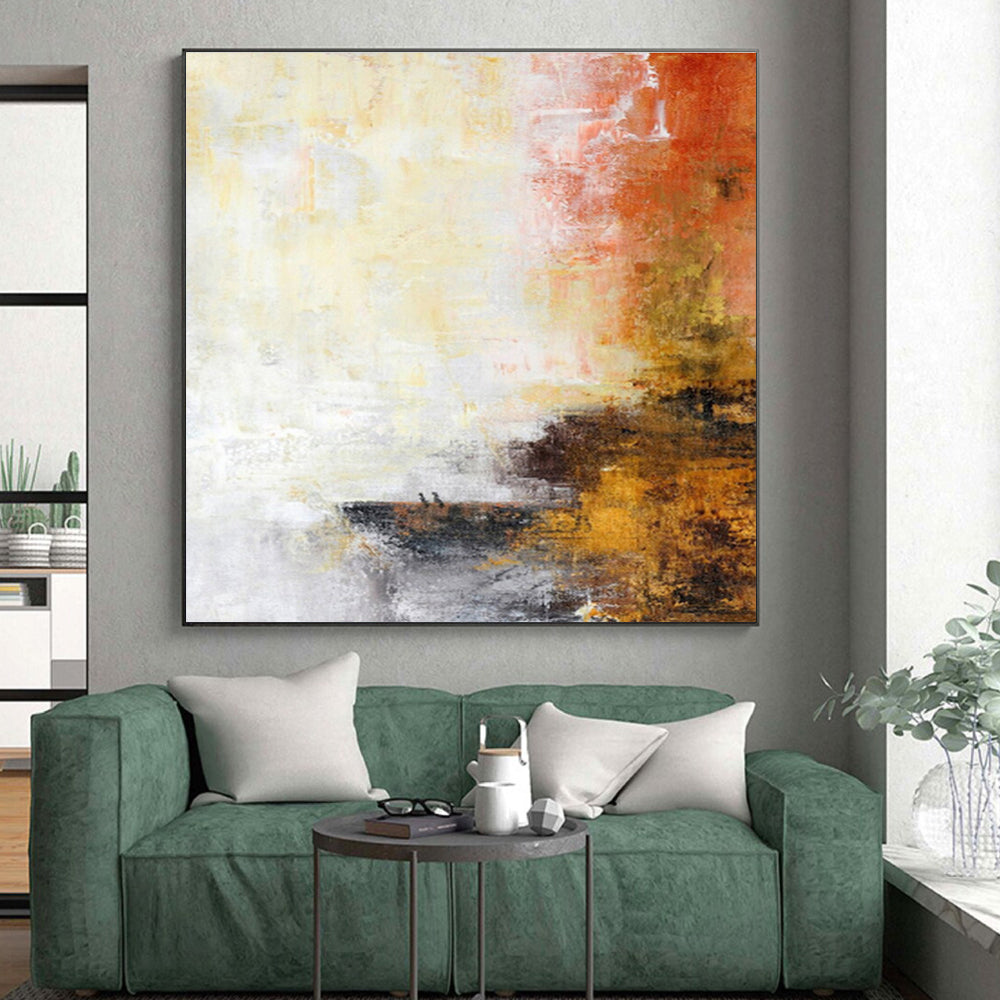 Big Painting in Yellow, Orange, Red, and Gray Abstract Composition, Modern Art Acrylic PT292
