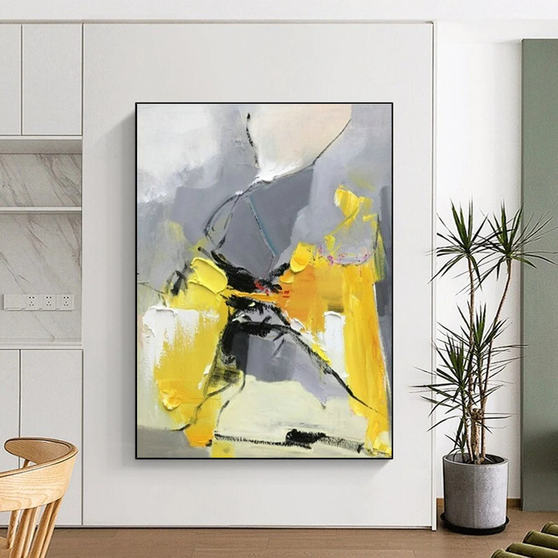 48x60 Yellow and Gray Abstract Expressive Work, Oversized Abstract Wall Art PT526