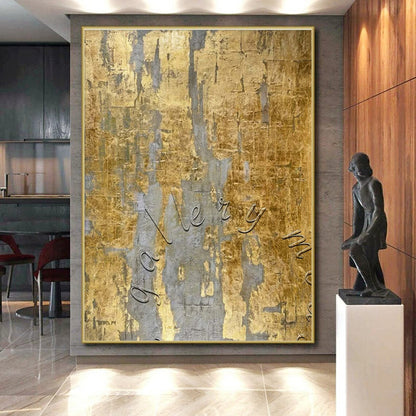 Luxury Abstract Art - Gold & Gray Textured Abstract Art with Embossed Letters PT606