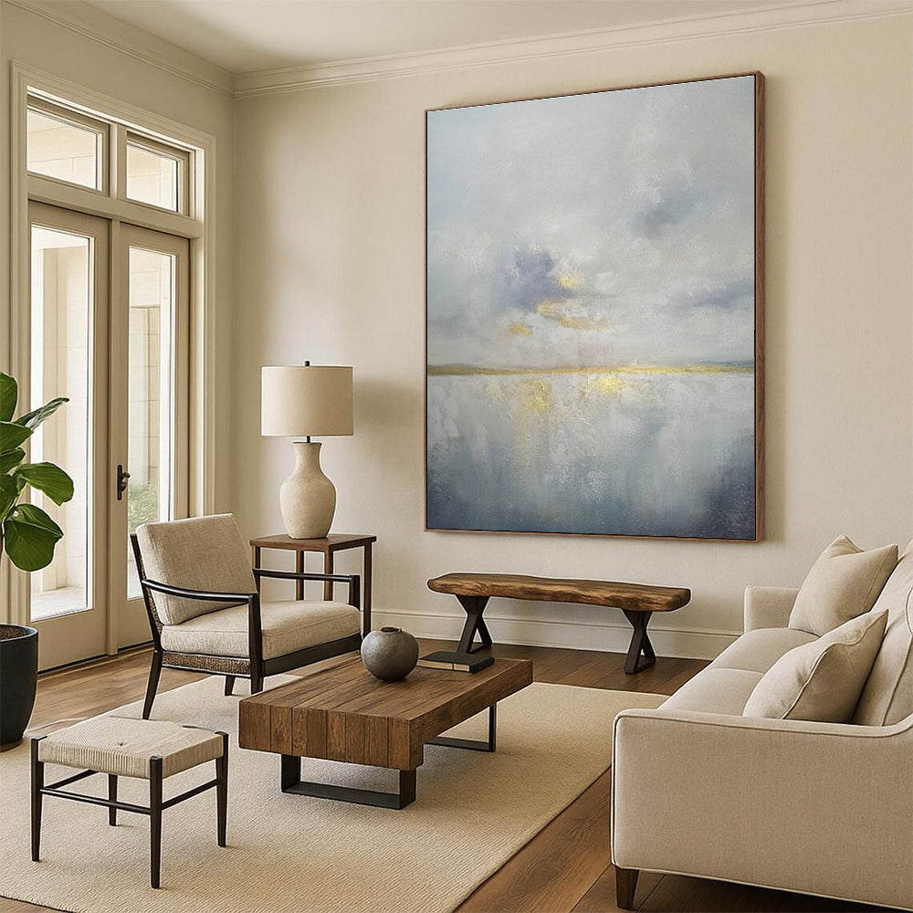 Large Size Gray, Blue, and Gold Textured Landscape Abstract Art PT773