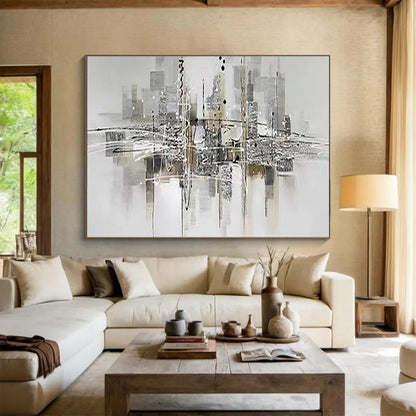 Hand-Painted Gray and Black Abstract City Reflection Art HPS351