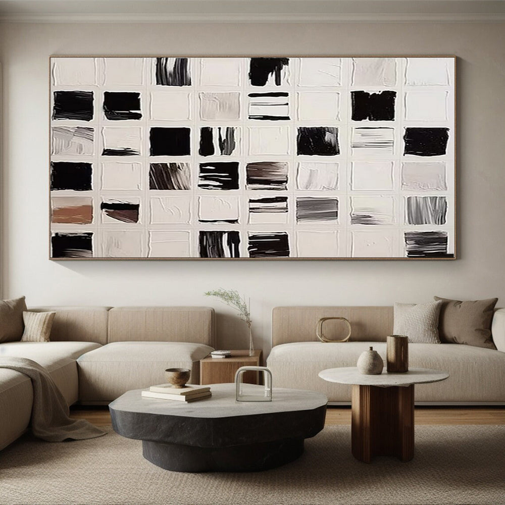 Hand Painted Art Black, White and Gray Grid Abstract Composition, Acrylic Modern Art Painting PT555