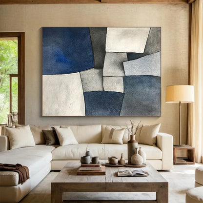 Custom Large Abstract Art For Living Room, Blue Gray White Geometric Abstract Art, Watercolor Painting PT139