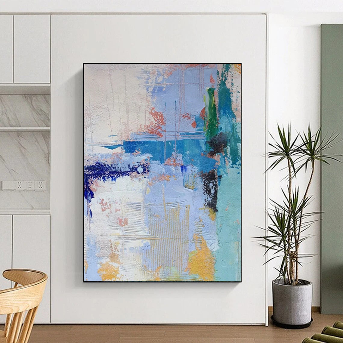 Acrylic Modern Art Paintings Blue White Orange Textured Abstract Art PT358