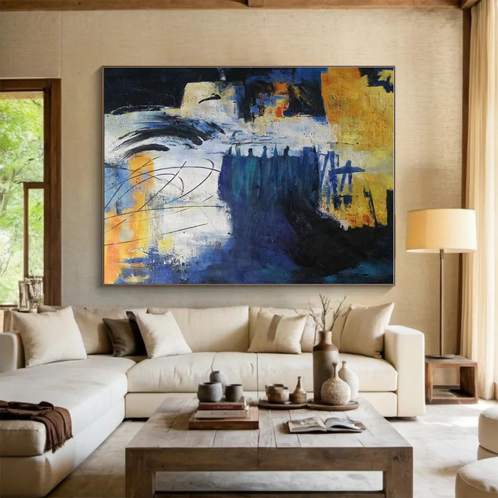 Hand-Painted Blue, Yellow & Black Abstract Urban Scene Art HPS151