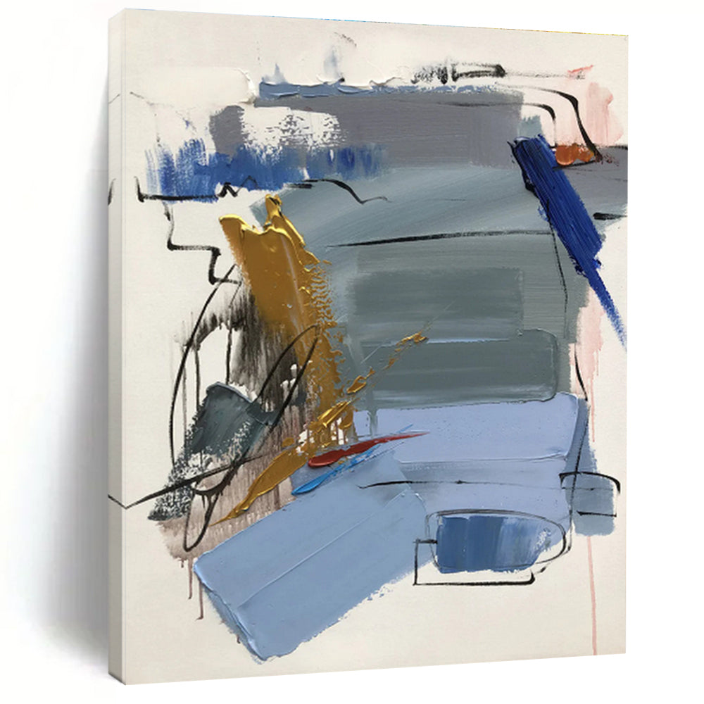 Unique Abstract Art Blue Gray Gold Abstract Composition Acrylic Painting PT471