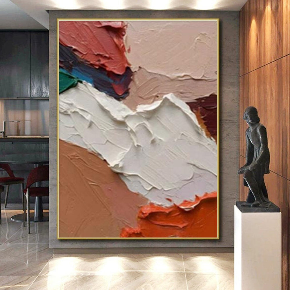 Acrylic Modern Art Paintings in Beige, White, Coral, and Brown Textural Abstract Shapes PT254