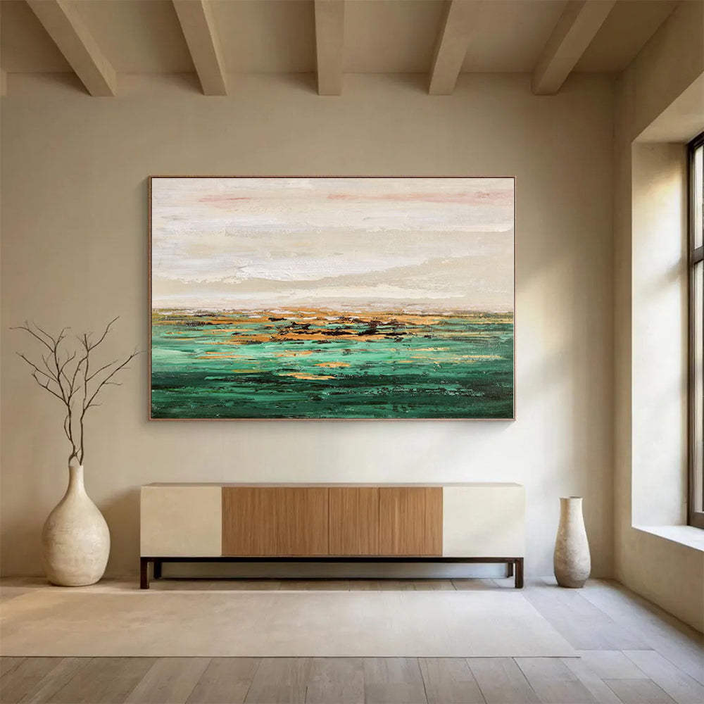 Minimalist Canvas Art Green & Gold Landscape Abstract Painting On Canvas HPS126