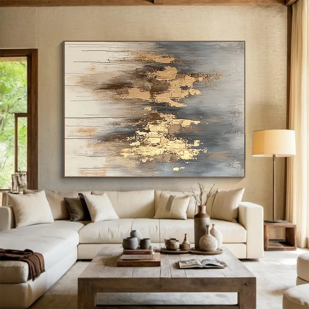 Large Abstract Painting For Living Room, Gold Gray Beige Abstract Textured Art PT170