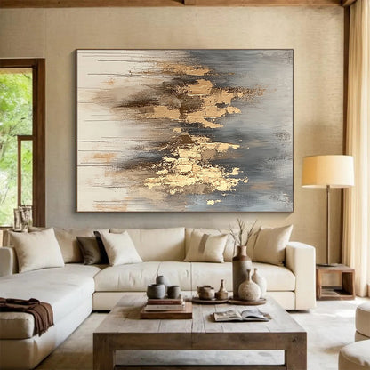 Large Abstract Painting For Living Room, Gold Gray Beige Abstract Textured Art PT170