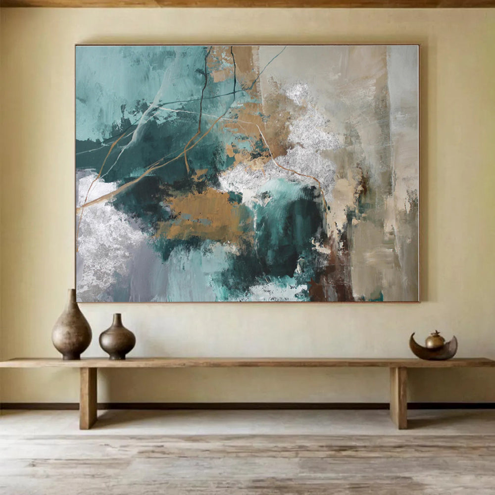 Cool Abstract Paintings Teal, Gold & Silver Textured Abstract Painting On Canvas HPS114
