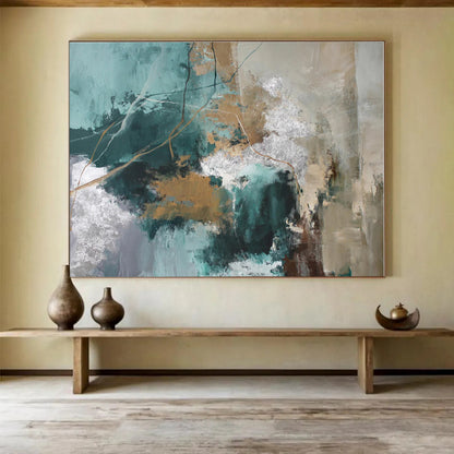 Cool Abstract Paintings Teal, Gold & Silver Textured Abstract Painting On Canvas HPS114