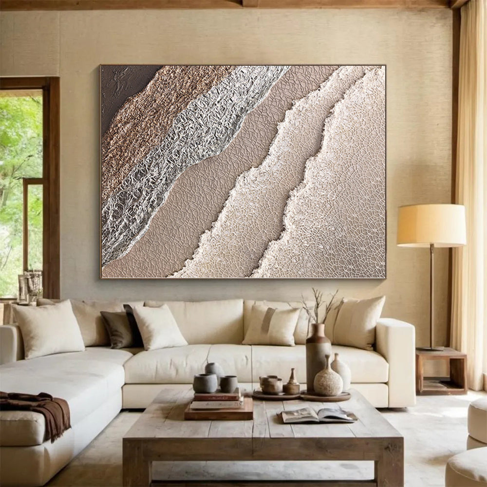 Handmade Art with Layered Beige, Gray, and Brown Textures, Oversized Abstract Wall Art PT009