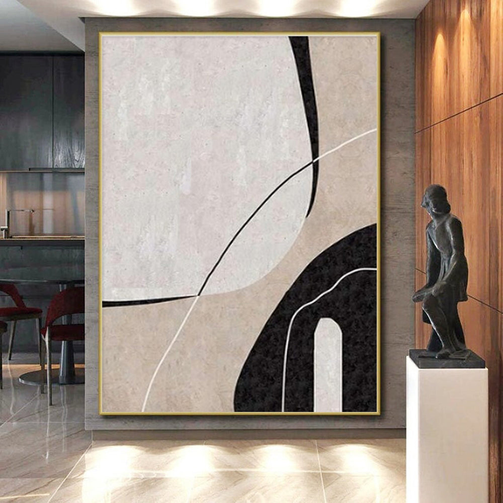 Minimalist Canvas Art Black, Beige, and White Organic Abstract Art PT681
