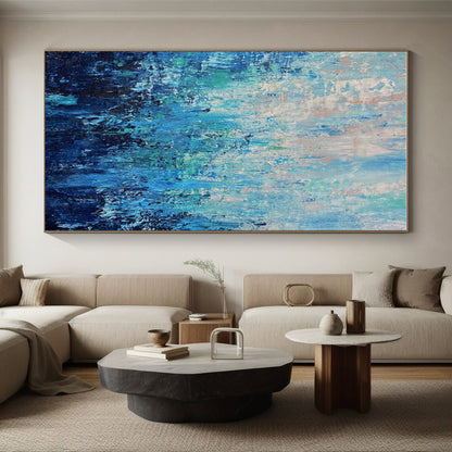 Oversized Abstract Wall Art in Shades of Blue and Teal, Hand-Painted Acrylic PT289