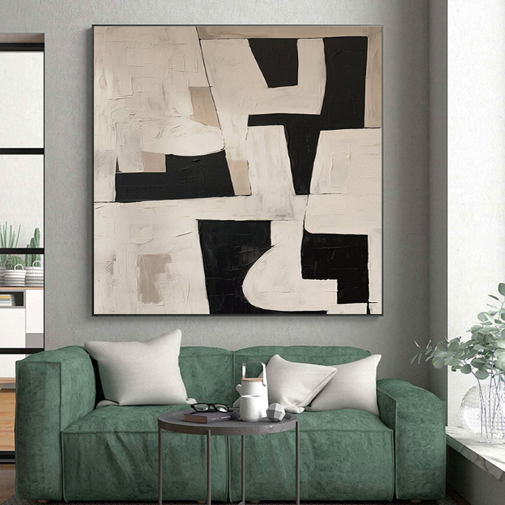 Modern Art Acrylic Black, White, and Beige Geometric Abstract Art PT759