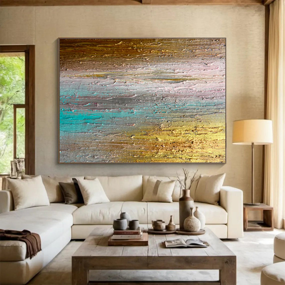 Gaint Canvas Art Gold, Teal, and Brown Textured Abstract Landscape Art HPS392