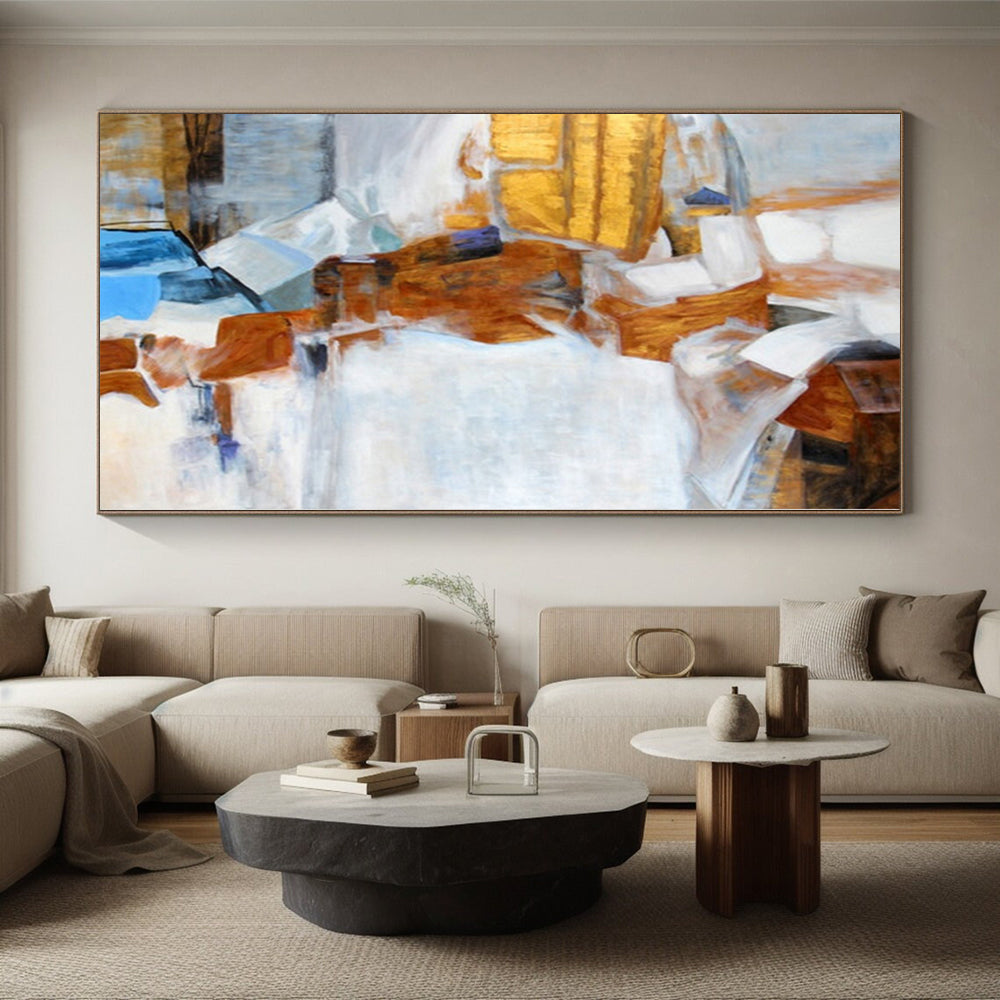 Hand Painted Art with Brown, White, and Blue Geometric Abstract Shapes, Large Contemporary Wall Art PT003