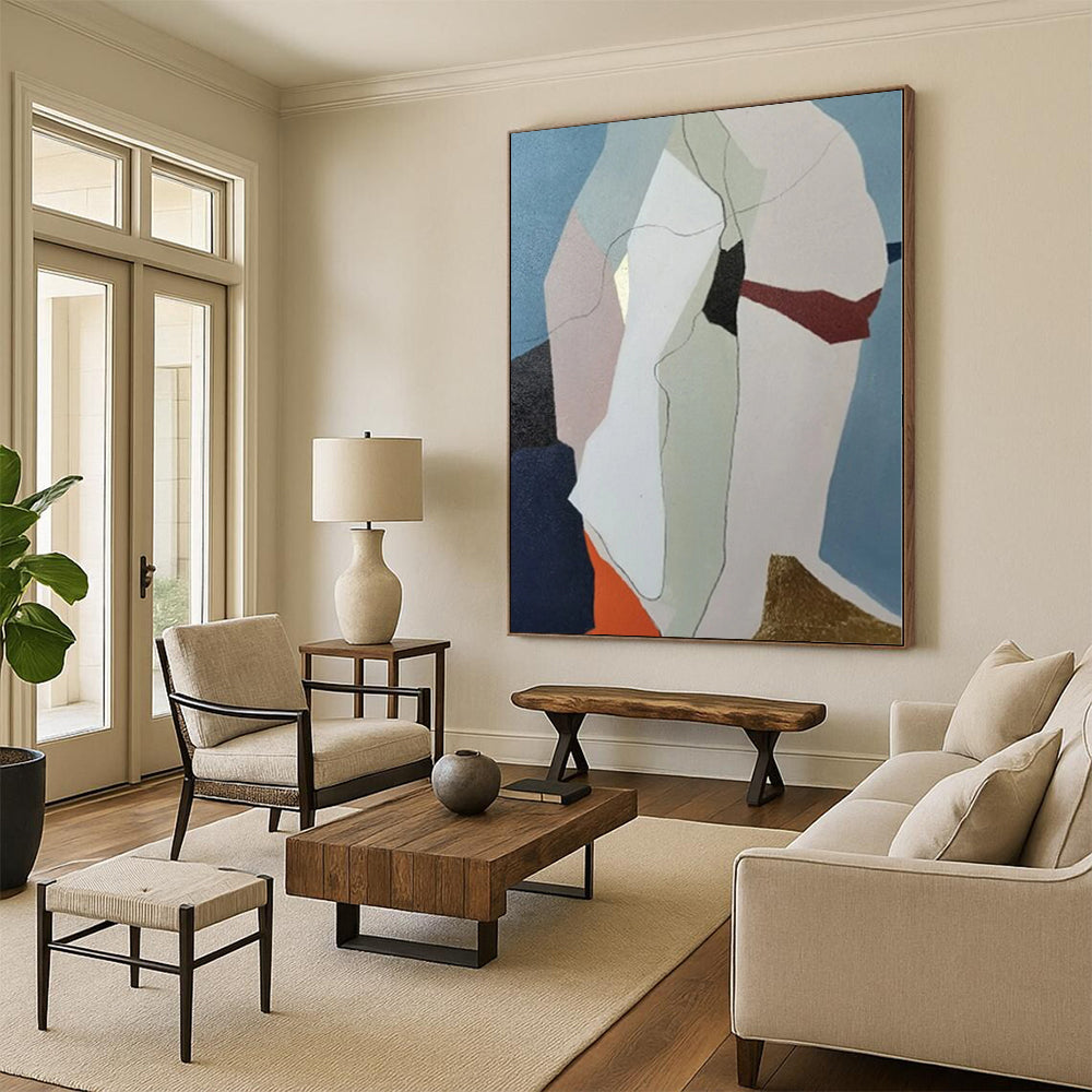 Unique Abstract Art with Pastel and Metallic (Blue, Beige, Gold, Red) Shapes PT020