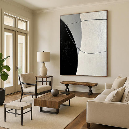 Large Abstract Art For Sale With Black, White, Gray Geometric Lines On Canvas PT199