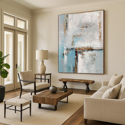 Large Painting In Living Room Blue Gray Gold Textured Abstract Art PT427