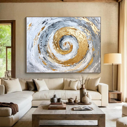 Affordable Large Abstract Wall Art, Gray White Gold Spiral Abstract Art PT138