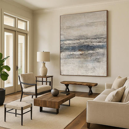 Large Contemporary Wall Art Gray, Beige, and Blue Textured Abstract Landscape Art DPS461