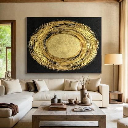 Oversized Abstract Wall Art Gold and Black Textured Circular Abstract Art PT805