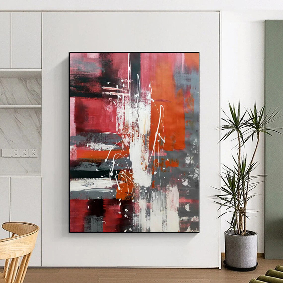 Large Painting In Living Room Red Orange Gray Textured Abstract Art PT400