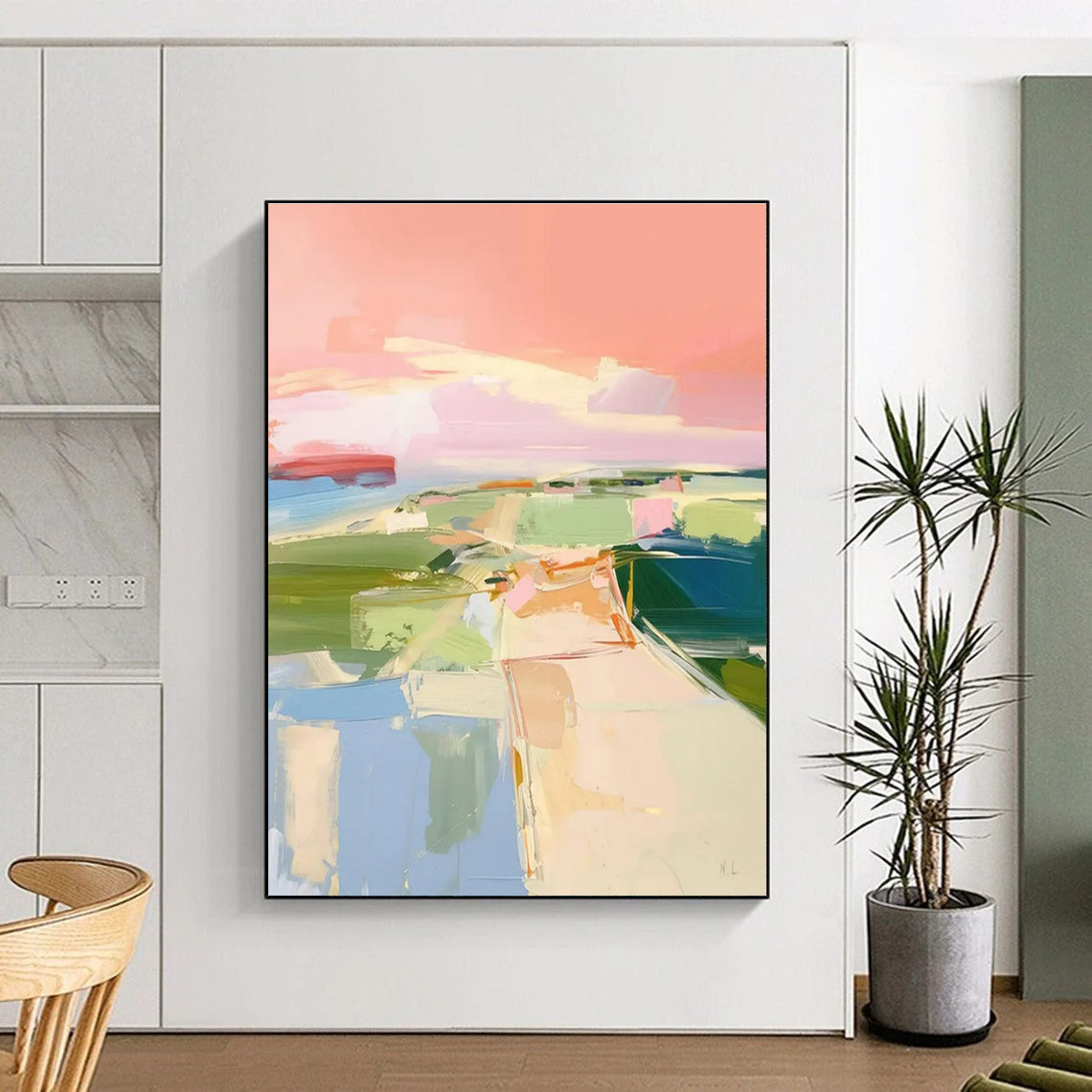 Acrylic Modern Art Paintings - Pastel Pink, Green & Blue Abstract Landscape-Inspired Art PT562