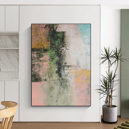 Large Painting In Living Room with Green, Pink, Teal, and Yellow Abstract Design, Handmade Art PT288