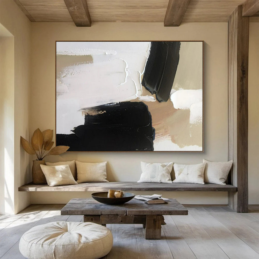 Cool Abstract Paintings Black, White, and Beige Textured Abstract Minimalist Art HPS358