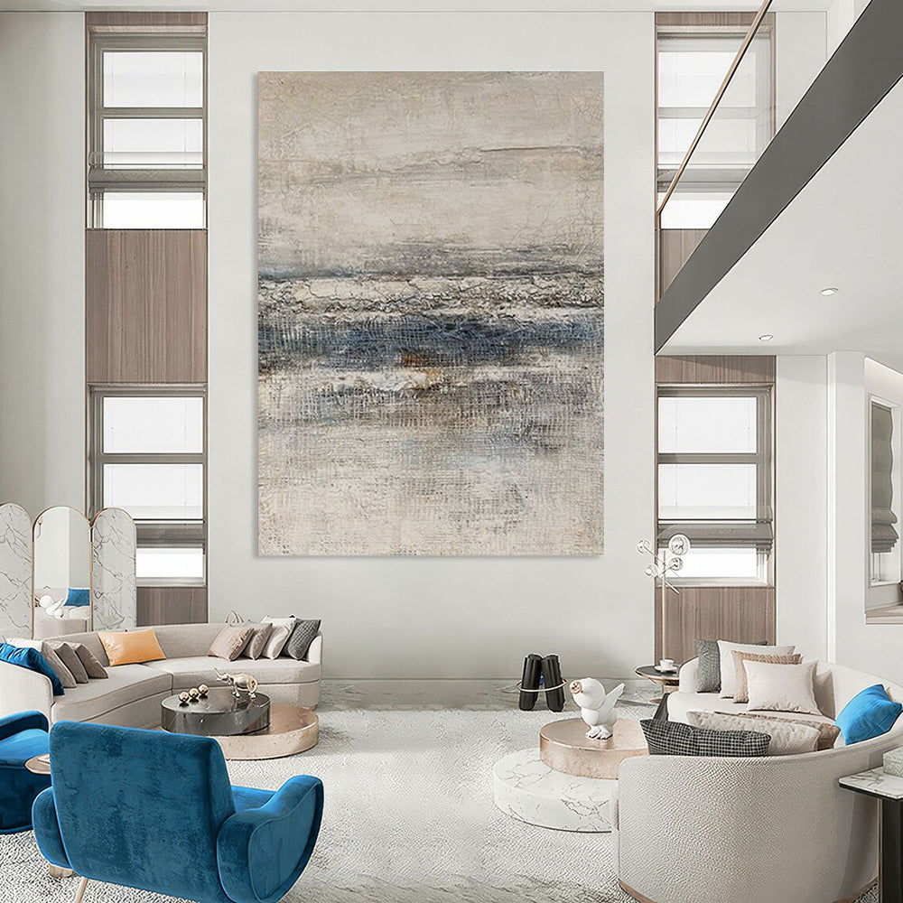 Huge Size Beige & Blue Textured Abstract Landscape, Large Contemporary Wall Art DPS488