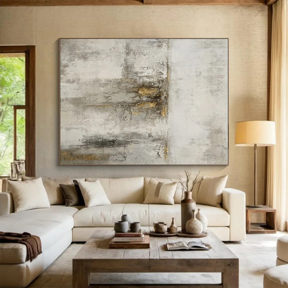 Large Painting In Living Room Gray Beige Gold Textured Abstract Art PT418