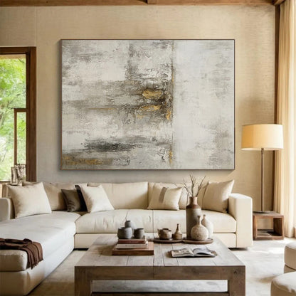 Large Painting In Living Room Gray Beige Gold Textured Abstract Art PT418