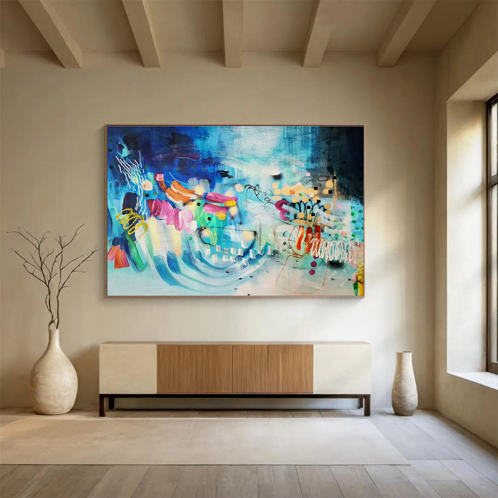 Large Size Blue and Multicolor Whimsical Abstract Art HPS334