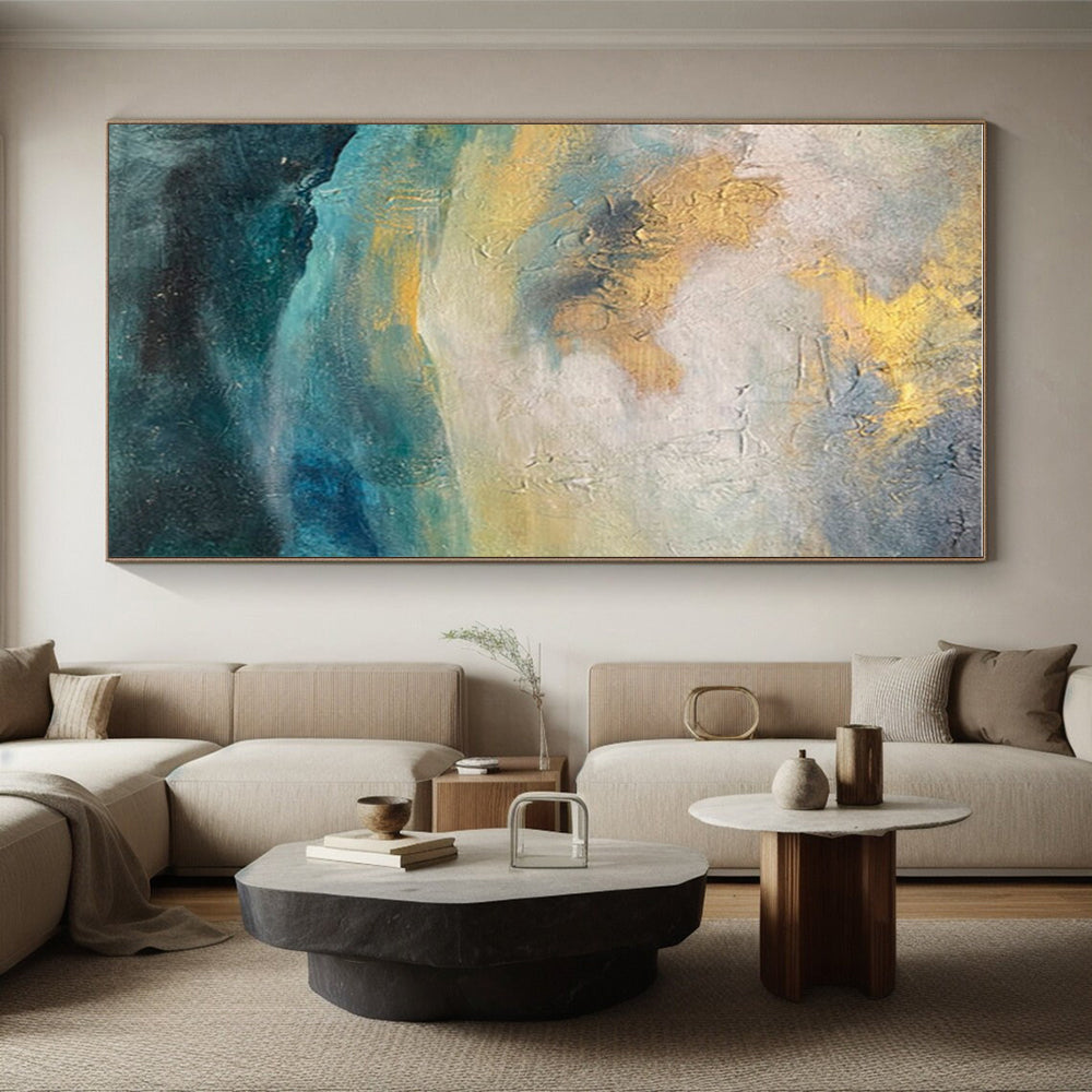 Hand Painting Teal, Gold, and Gray Landscape-Inspired Abstract Art PT651