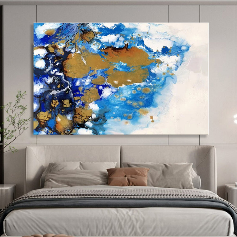 Acrylic Modern Art Paintings Blue, Gold & White Fluid Abstract On Canvas HPS058