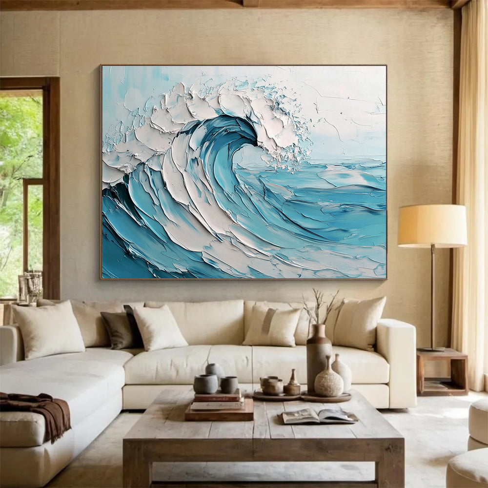 Gaint Canvas Art Blue & White Textured Wave Impressionistic Acrylic Painting HPS242