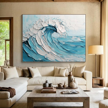Gaint Canvas Art Blue & White Textured Wave Impressionistic Acrylic Painting HPS242