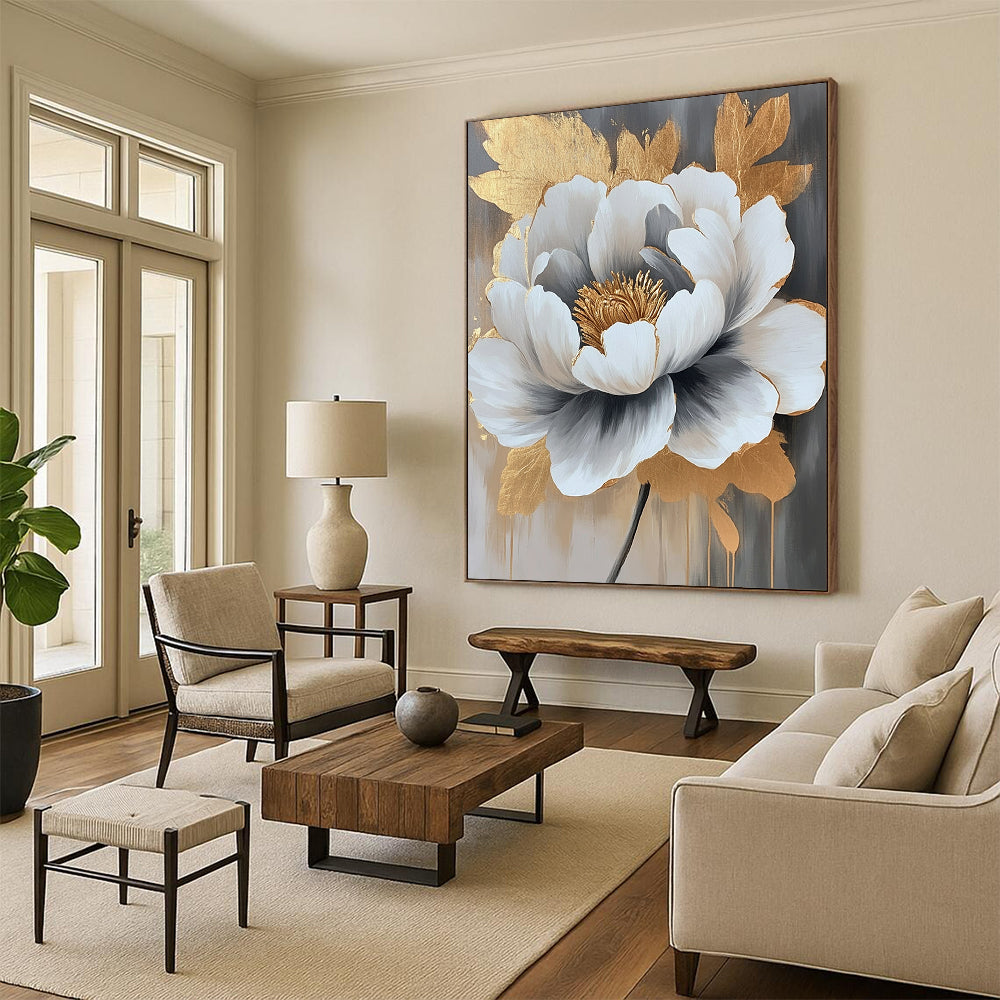 Paintings For House Gray, White, and Gold Floral Abstract Flower Painting DPS435