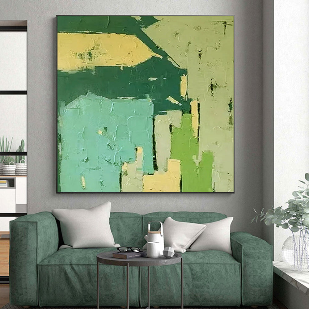 Handmade Art Green, Teal, and Beige Geometric Abstract Art PT799