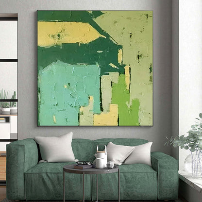 Handmade Art Green, Teal, and Beige Geometric Abstract Art PT799