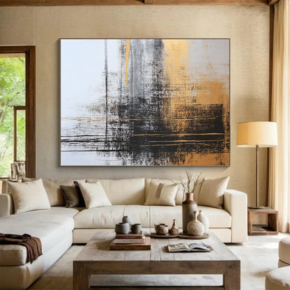 Original Large Abstract Paintings For Sale With Gold, Black, Gray Abstract Brushstrokes On Canvas PT182
