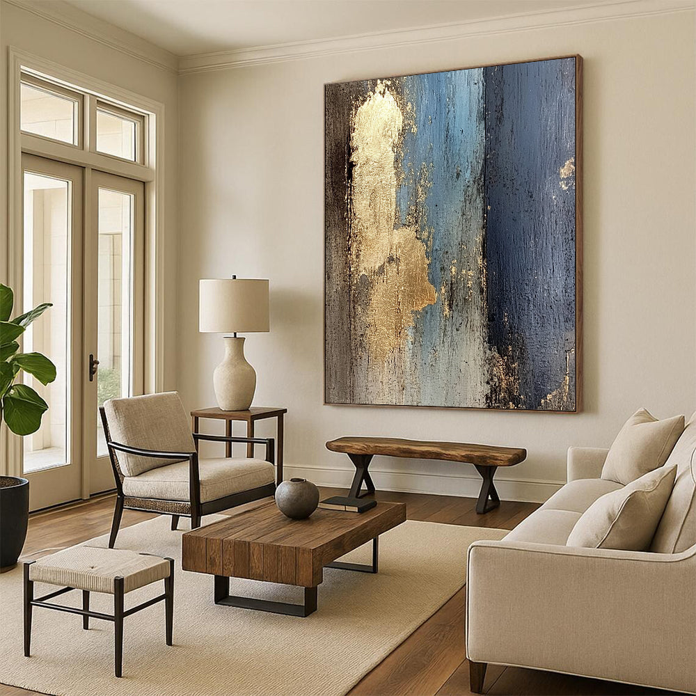 Large Abstract Art For Sale With Blue, Black, Gold Textured Accents On Canvas PT184