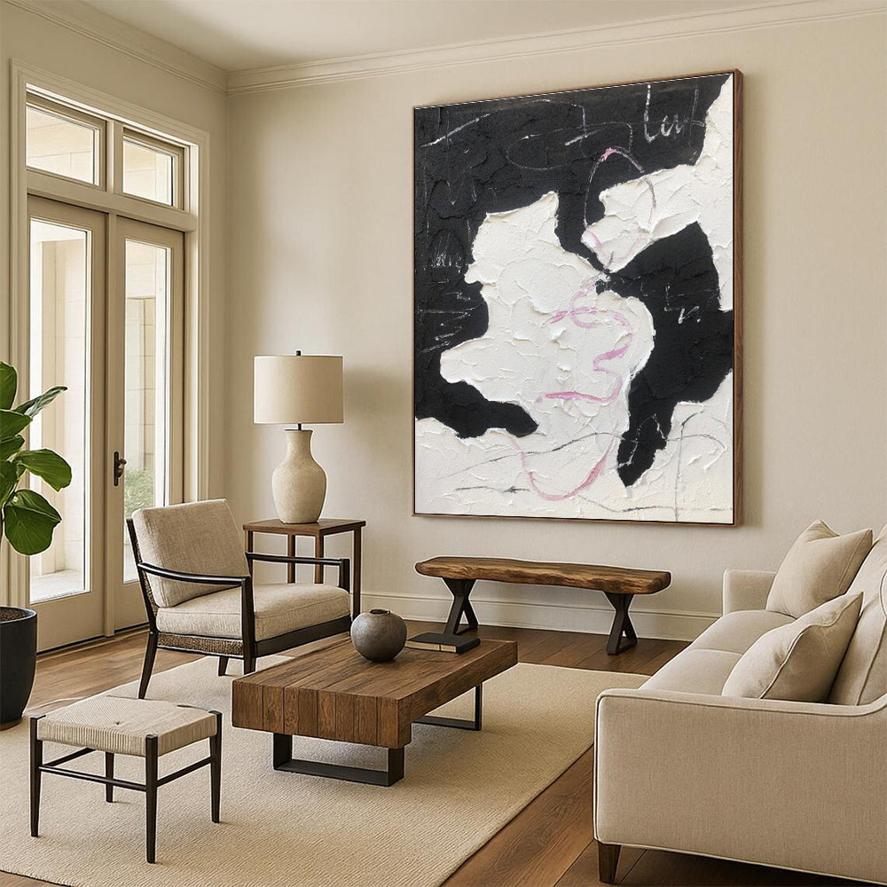 Textured Black & White with Pink Accents Abstract Art - Handmade Art PT582