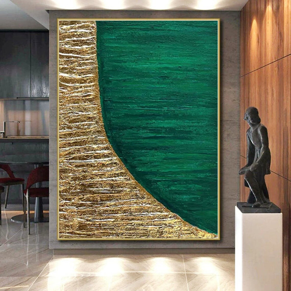 Large Size Green & Gold Textured Abstract Painting On Canvas PT048