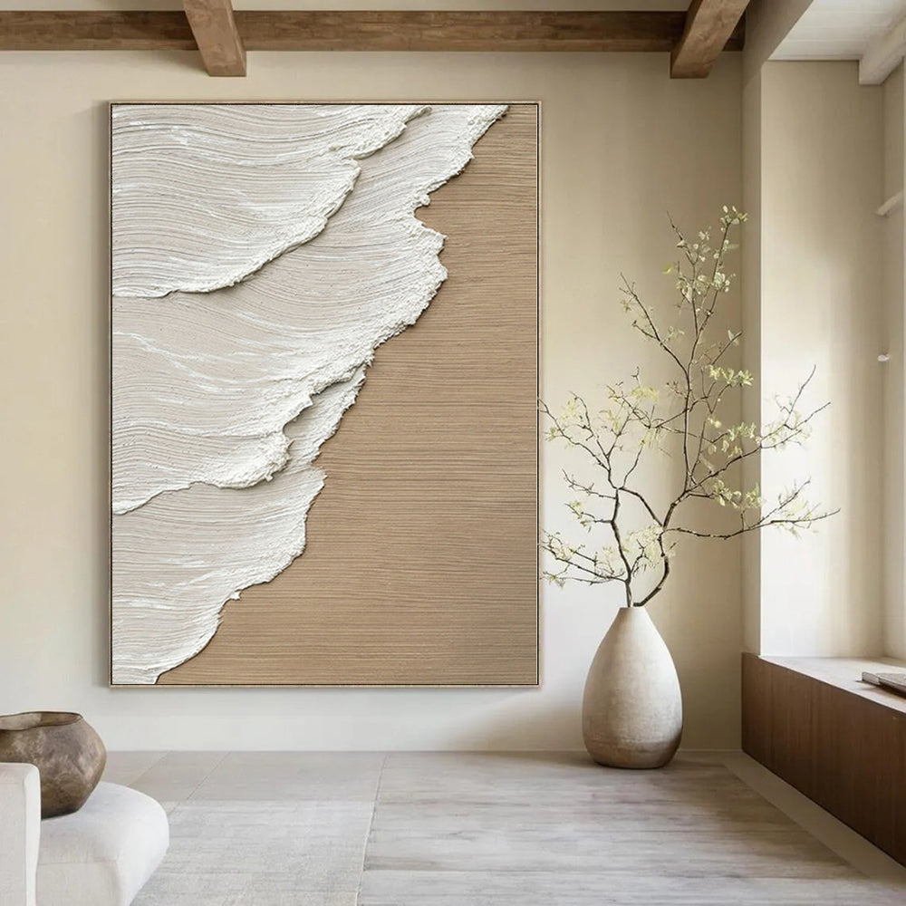 Large Contemporary Wall Art Beige and White Textured Abstract Wave Painting DPS424