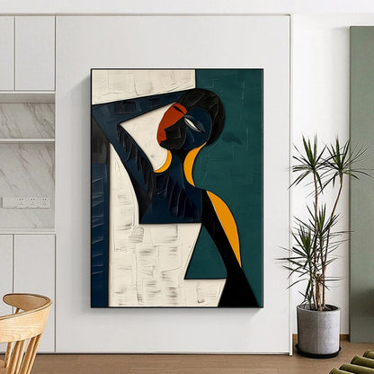 Acrylic Modern Art Paintings Geometric Figure with Teal, Black, White, and Orange Abstract Portrait DPS423